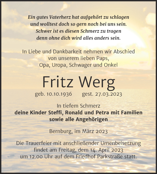Traueranzeige von Fritz Werg von Trauerkombi Bernburg