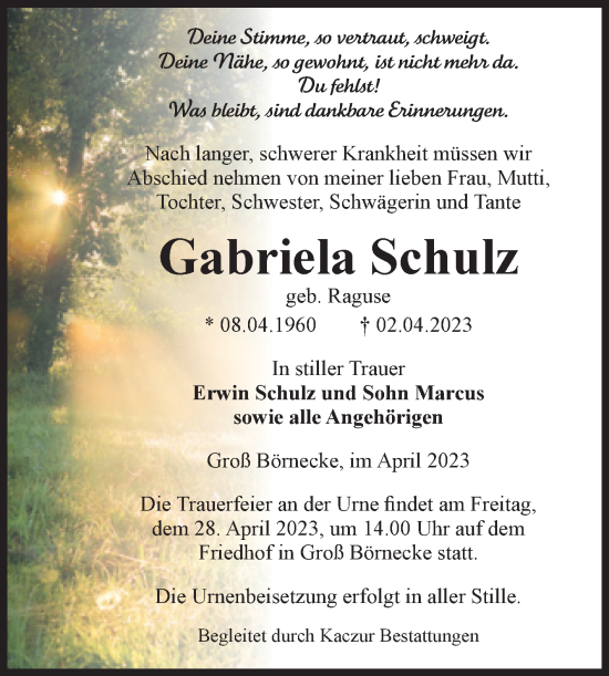 Traueranzeige von Gabriela Schulz von Volksstimme Staßfurt
