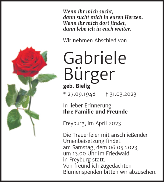 Traueranzeige von Gabriele Bürger von Wochenspiegel Naumburg/Nebra