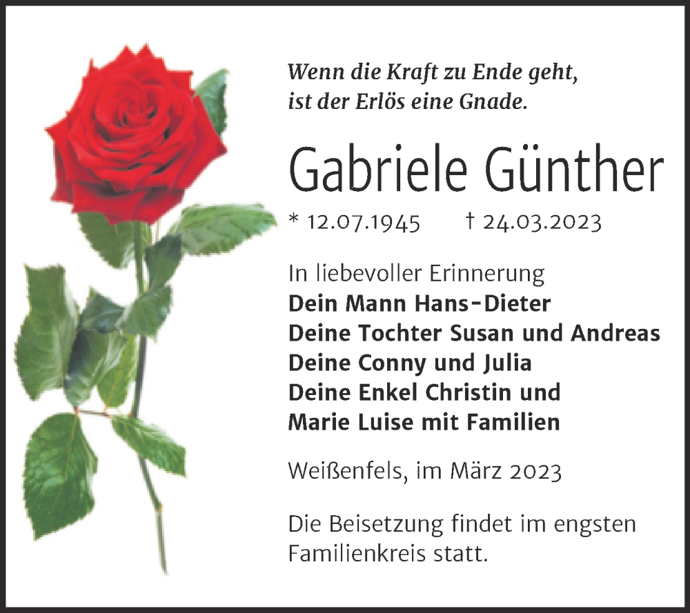  Traueranzeige für Gabriele Günther vom 05.04.2023 aus Trauerkombi Weißenfels