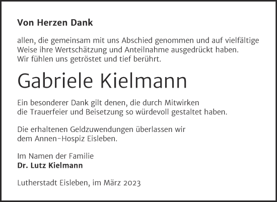Traueranzeige von Gabriele Kielmann von Trauerkombi Mansfelder Land