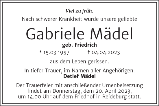 Traueranzeige von Gabriele Mädel von Mitteldeutsche Zeitung Halle/Saalkreis