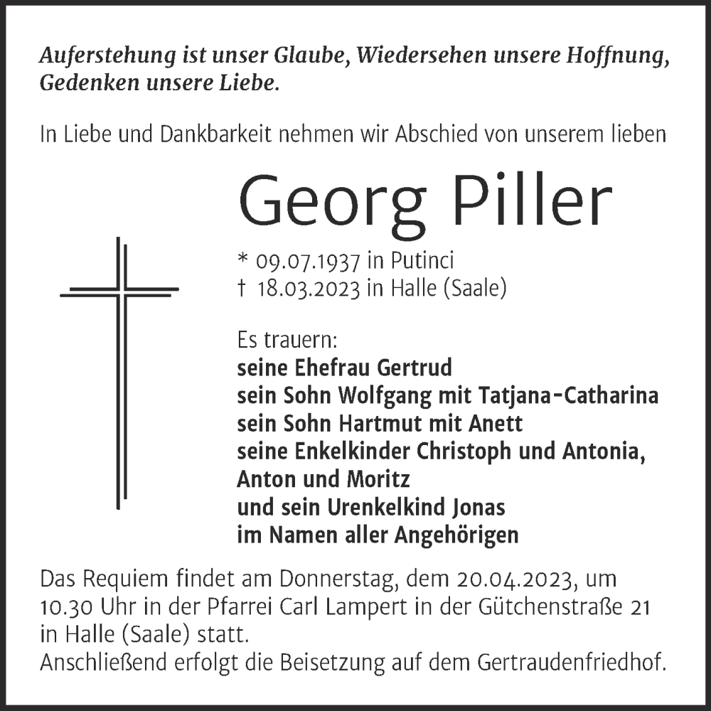 Traueranzeige für Georg Piller vom 01.04.2023 aus Mitteldeutsche Zeitung Halle/Saalkreis