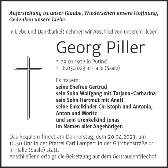 Traueranzeige von Georg Piller von Mitteldeutsche Zeitung Halle/Saalkreis
