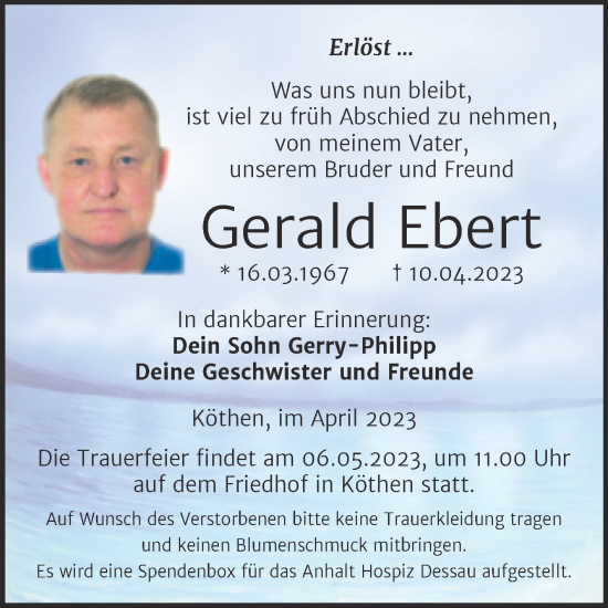 Traueranzeige von Gerald Ebert von Trauerkombi Köthen