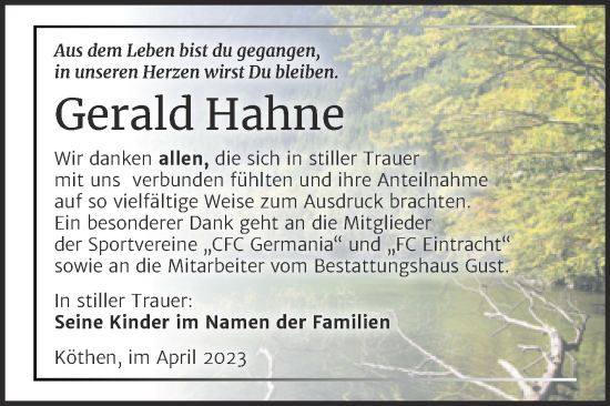 Traueranzeige von Gerald Hahne von Trauerkombi Köthen