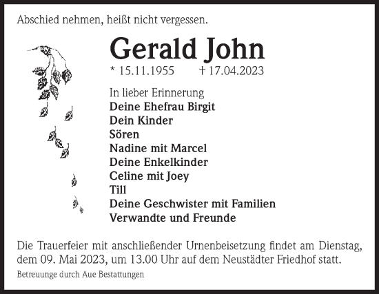 Traueranzeige von Gerald John von Volksstimme Magdeburg
