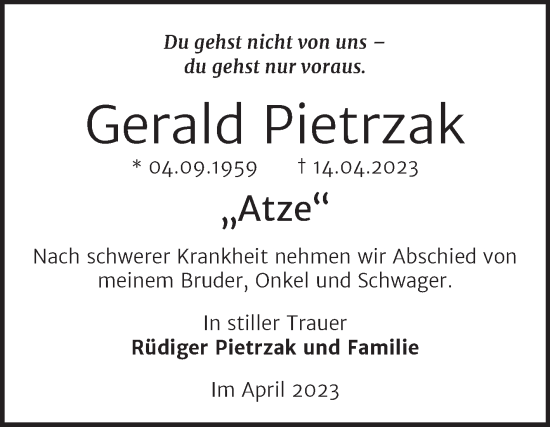 Traueranzeige von Gerald Pietrzak von Trauerkombi Bernburg