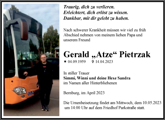 Traueranzeige von Gerald Pietrzak von Trauerkombi Bernburg