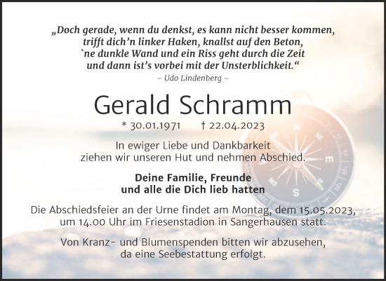 Traueranzeige von Gerald Schramm von Trauerkombi Sangerhausen