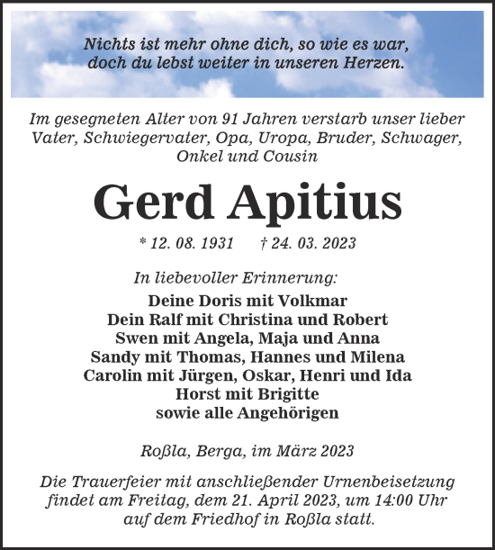 Traueranzeige von Gerd Apitius von Trauerkombi Sangerhausen