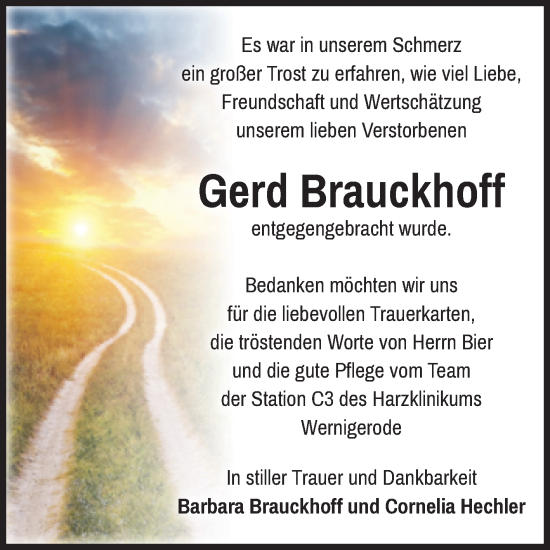 Traueranzeige von Gerd Brauckhoff von Volksstimme Wernigerode