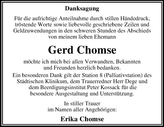 Traueranzeige von Gerd Chomse von Trauerkombi Dessau
