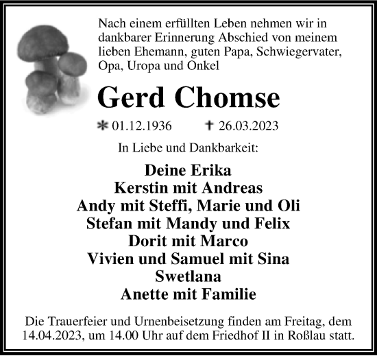 Traueranzeige von Gerd Chomse von Trauerkombi Dessau