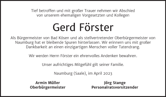 Traueranzeige von Gerd Förster von Naumburger Tageblatt