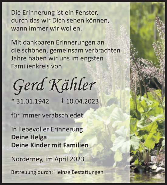 Traueranzeige von Gerd Kähler von Volksstimme Schönebeck