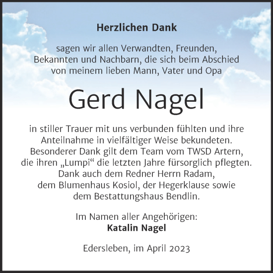 Traueranzeige von Gerd Nagel von Trauerkombi Sangerhausen