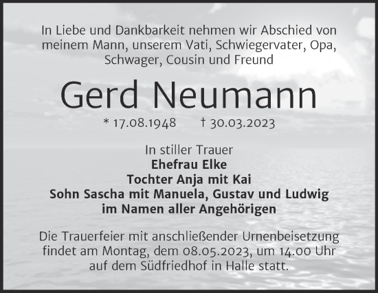 Traueranzeige von Gerd Neumann von Mitteldeutsche Zeitung Halle/Saalkreis