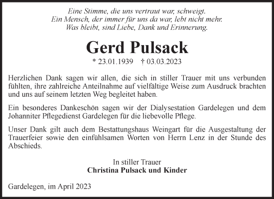 Traueranzeige von Gerd Pulsack von Volksstimme Altmark West