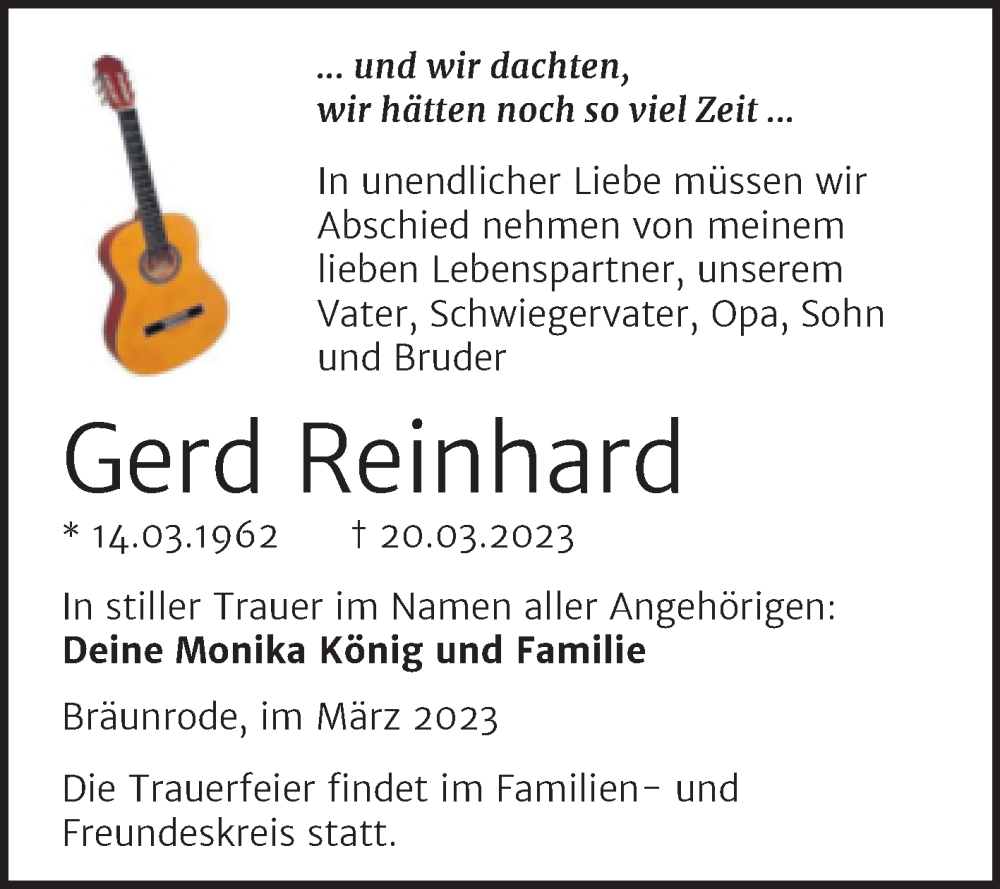  Traueranzeige für Gerd Reinhard vom 01.04.2023 aus Trauerkombi Mansfelder Land