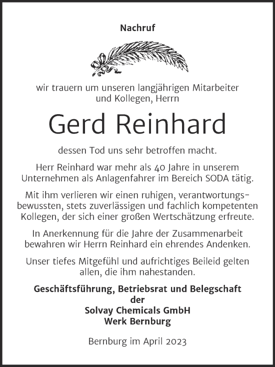 Traueranzeige von Gerd Reinhard von Mitteldeutsche Zeitung Salzlandkreis