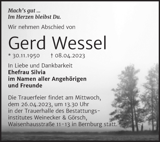 Traueranzeige von Gerd Wessel von Trauerkombi Bernburg