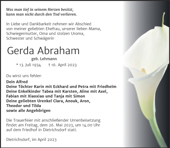 Traueranzeige von Gerda Abraham von Trauerkombi Wittenberg
