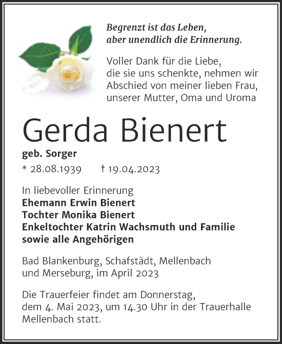 Traueranzeige von Gerda Bienert von Trauerkombi Merseburg