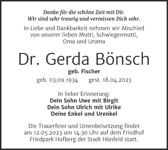 Traueranzeige von Gerda Bönsch von Mitteldeutsche Zeitung Halle/Saalkreis