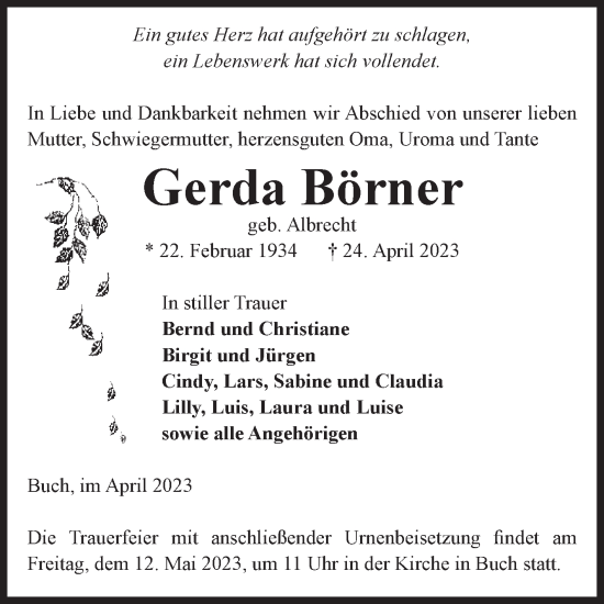 Traueranzeige von Gerda Börner von Volksstimme Altmark Ost