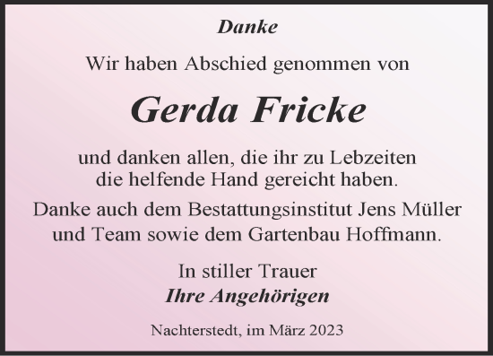 Traueranzeige von Gerda Fricke von Trauerkombi Aschersleben