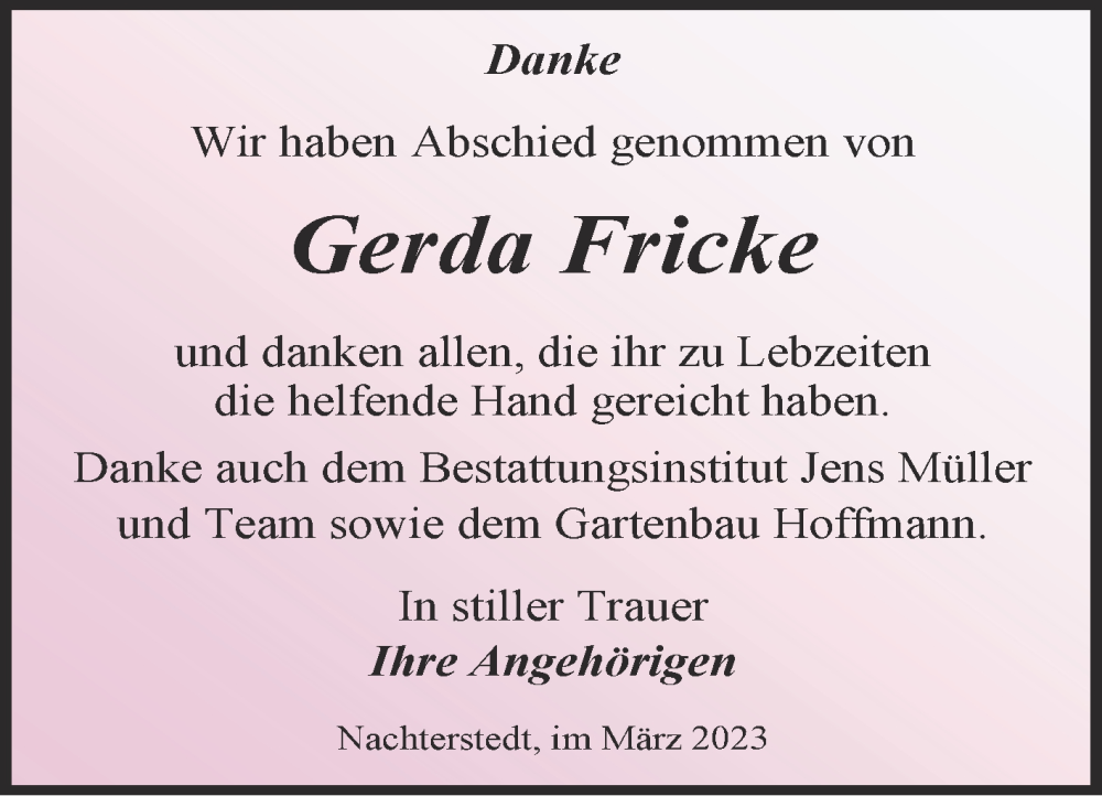  Traueranzeige für Gerda Fricke vom 01.04.2023 aus Trauerkombi Aschersleben