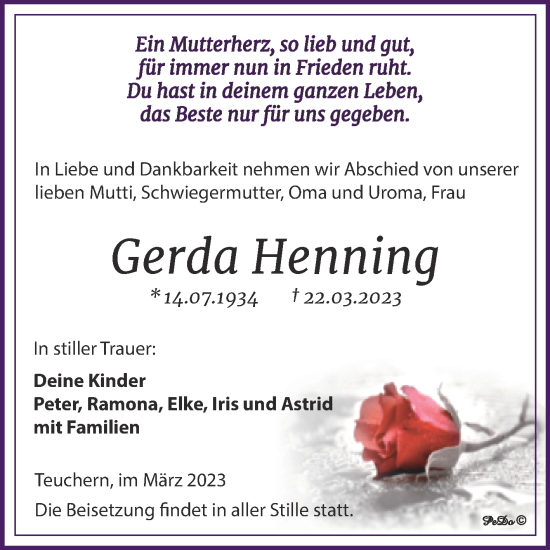 Traueranzeige von Gerda Henning von Trauerkombi Weißenfels