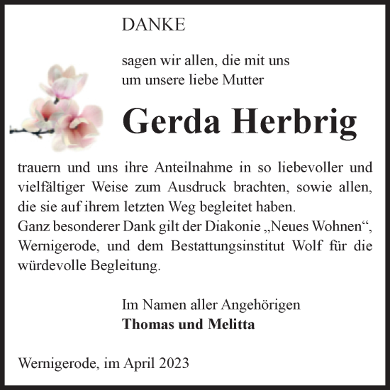 Traueranzeige von Gerda Herbrig von Volksstimme Wernigerode