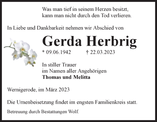Traueranzeige von Gerda Herbrig von Volksstimme Wernigerode