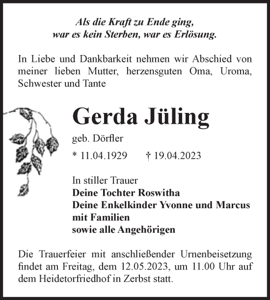 Traueranzeige von Gerda Jüling von Volksstimme Zerbst