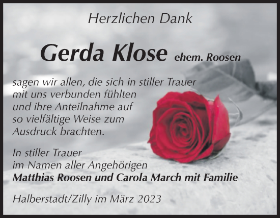 Traueranzeige von Gerda Klose von Volksstimme Halberstadt