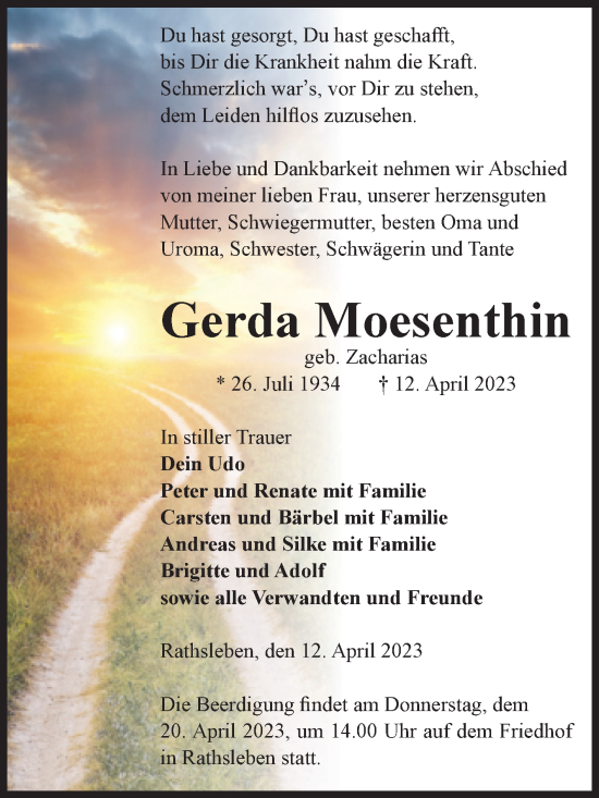 Traueranzeige von Gerda Moesenthin von Volksstimme Altmark Ost