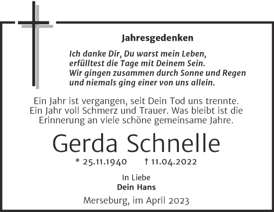 Traueranzeige von Gerda Schnelle von Trauerkombi Merseburg