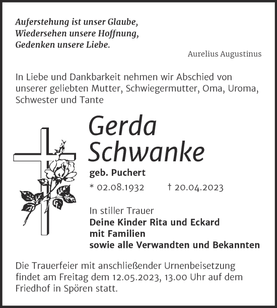 Traueranzeige von Gerda Schwanke von Trauerkombi Bitterfeld
