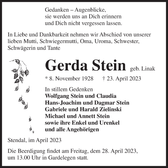 Traueranzeige von Gerda Stein von Volksstimme Altmark Ost