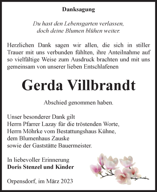 Traueranzeige von Gerda Villbrandt von Volksstimme Altmark Ost