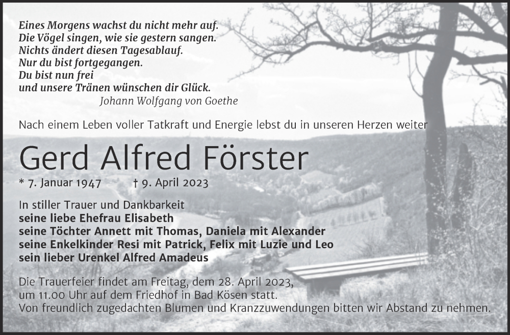  Traueranzeige für Gerd Alfred Förster vom 15.04.2023 aus Naumburger Tageblatt