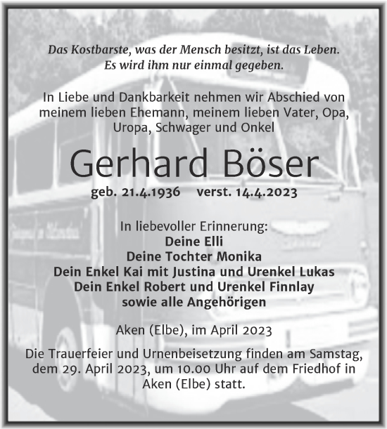 Traueranzeige von Gerhard Böser von Trauerkombi Köthen