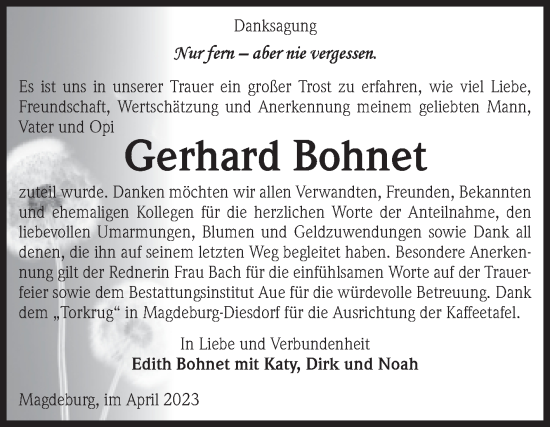 Traueranzeige von Gerhard Bohnet von Volksstimme Magdeburg