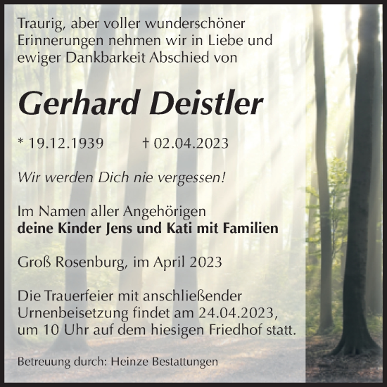 Traueranzeige von Gerhard Deistler von Volksstimme Schönebeck