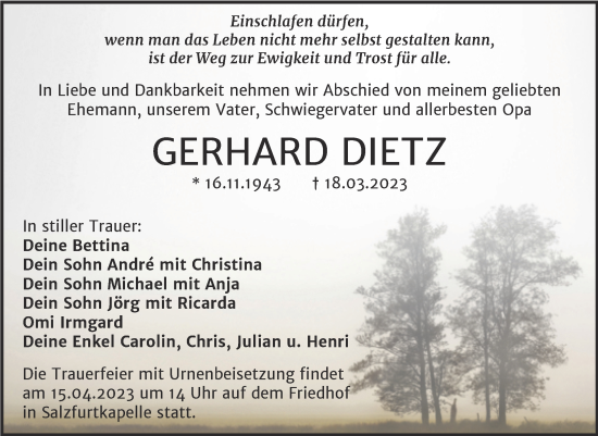 Traueranzeige von Gerhard Dietz von Trauerkombi Bitterfeld