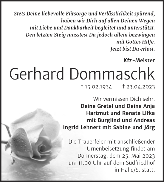 Traueranzeige von Gerhard Dommaschk von Mitteldeutsche Zeitung Halle/Saalkreis