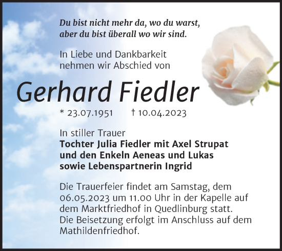 Traueranzeige von Gerhard Fiedler von Trauerkombi Quedlinburg