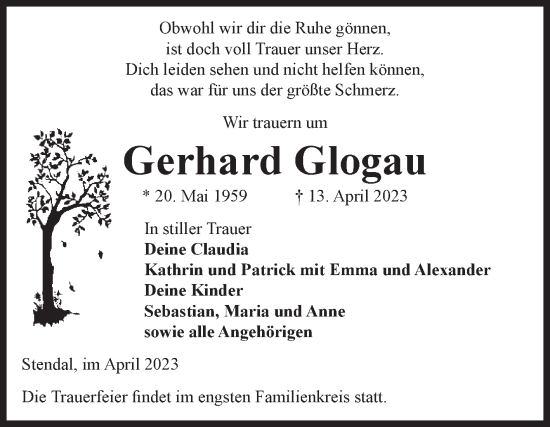Traueranzeige von Gerhard Glogau von Volksstimme Altmark Ost